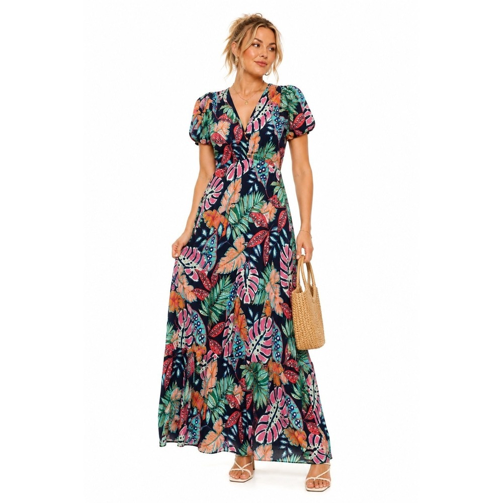 Skies Are Blue Tropical Leaf Midi Dress M Farm Rio Inspired Puff Sleeve